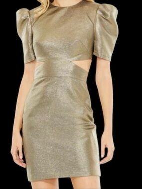 Mac Duggal Cutout Waist Puff Sleeve Cocktail Dress Metallic Gold Formal NWT